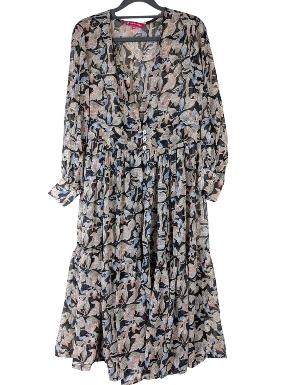 Varanga Women size M Sheer Floral Maxi Dress Boho Bollywood V Neck Button Flowy